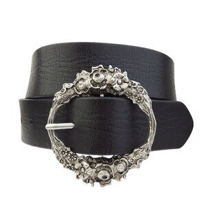 Genuine Leather w. Round Floral Etched Buckle